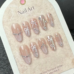YICKYUE - 10Pcs Pink Handmade Press on Nails Full Cover Bow Tie Rhinestone Design French Fake Nails Wearable Manicure Nail Tips Art
