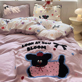 YICKYUE - Girl Cartoon Bedding Set Apple Dog Towel Embroidered Water Washed Cotton Four Piece Sets Beds Sheet Student Dormitory Home Decor