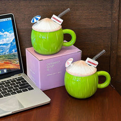 YICKYUE - Creative Cup Summer Coconut Mug Girl Heart Cute Large Capacity Ceramic Cup With Lid Water Bottle Kitchen Acceesories Home Decor
