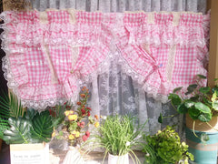YICKYUE - Girl Room Cute Plaid Pattern Short Curtain for Living Room Lace Patchwork Decorative Princess Style Small Curtains Home Decor