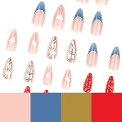 YICKYUE - 24pcs Heavy Metal Press on Nails 3D Red Gold Wave Design Y2k Almond False Nails Patch Ins Punk Style Fake Nails Tips for Girls