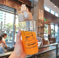 300Ml Cartoon Cute Bear Straw Plastic Water Bottle Outdoor Transparent Juice Drinking Cup Suitable For Kid Adult Children Gift