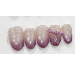 YICKYUE - 10Pcs Handmade Short Oval Press on Nails Gradient Purple French Cat Eye Bowknot Design Fake Nails Wearable Artificial Nail Art