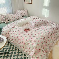 Yickyue Fresh Flower 4pcs Bedding Sets Skin-Friendly Soft Comforter Bedding Sets Bed Sheets Pillowcases Duvet Cover with Lace for Girls