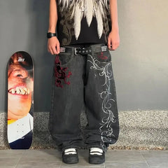 Hearujoy 90s Streetwear Vintage New Fashion Harajuku Pattern Black Embroidered Baggy Jeans Y2K High Street Casual Gothic High Waisted Wide Leg Trousers