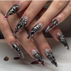 YICKYUE - Silver Lines Brown Halo Dyeing Totem Long Pointed Fake Nail Tips Maillard Detachable Finished False Art Nails Press on Nail Glue