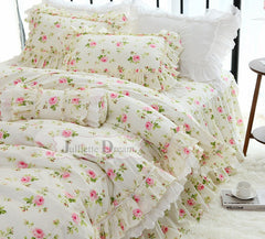 Elegant flower print bedding set Rustic duvet cover bedding Queen bed set Custom bed sheet Ruffle lace pillowcase bed clothes