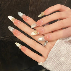 Yickyue 10Pcs Long Oval Handmade Press-On Nails Rainbow Cat-Eye Effect with 3D Flower Designs Perfect for Women&girls Daily Nail Wear