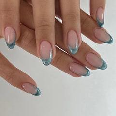 YICKYUE - 24pcs Blue Green Cat's Eye French False Nails Wearable Long Almond Aurora Fake Nails Press on Flash Phototherapy Nails Finished