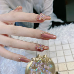 24Pcs/Set Aurora Rose Red Pink 3D Crystal Butterfly Long Ballet Fake Nails Art With Glue Acrylic Press On False Nail Tips Tool