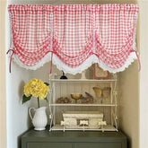 YICKYUE - Korean Romantic Red Plaid Ruffled Lace Short Sheer Curtain Red Ribbon Adjustable Lifting Curtain For Living Room Bedroom Kitchen