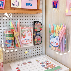 Kawaii Transparent Desktop Storage Box Organizer Cosmetics Student Punch Free Pen Holder Bathroom Organizer Wall Hanging Shelf