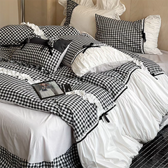 YICKYUE - Black Gingham with Bow Ruched Bedding Set
