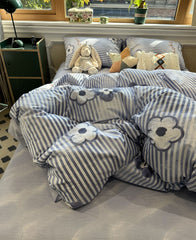 YICKYUE Fashion blue flower stripes bedding set teen,twin full queen classic cotton home textile bed sheet pillow case quilt cover