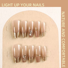 YICKYUE - Handmade Wearable Press on Nails 10/pack Size Different Gilt Lines French Simple Coffee Brown Gradient Long Fake Nail Free Toolk
