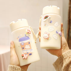 400ml Cute Boba Tea Bear Water Bottle With 3D Sticker Transparent Plastic BPA Free Frosted Travel Drink Cup With Portable Rope