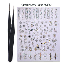 1 Set Xmas Christmas Silver 3D Nail Stickers with Tweezer Snowflakes Star Decoration Transfer Stickers for Nails Manicures Slide