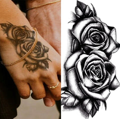 YICKYUE - Waterproof Double Rose Temporary Tattoo Sticker Flower Rose Flash Sexy Fake Black Rose Tattoos Body Art Arm Fake Sleeve Tattoo