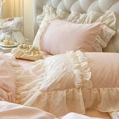 YICKYUE - 100% Cotton Chiffon Lace Ruffles Bedding Set Korean Style Pink Princess Embroidery Duvet Cover Fitted Bed Sheet Pillowcases