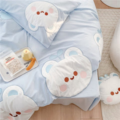 Blue Cute Cartoon Bear Pattern Embroidery Bedding Set