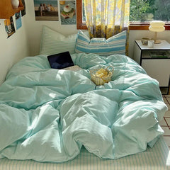 Yickyue Hot Sale Striped Cotton Bedding Set Soft & Skin-Friendly Duvet Cover Sets Japan and Korea Style Design Bed Linen Set