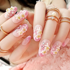 3D Flower Nail Art Fake Nails Pink Rhinestone Matte Ballet Tips Press on False with Glue Coffin Lattice Full Cover Artificial
