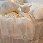 Yickyue Princess Chiffon 100% Cotton Duvet Cover Set with Bed Skirt All Cotton Bedding Set Soft Little Floral Quilt Cover and Pillowcase