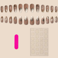 YICKYUE - Y2k Press On Nails With Rhinestones Decor Long False Nails Almond Fingernail Silver White Five-pointed Star Fake Nails Press On