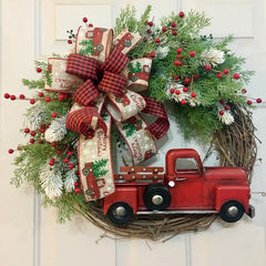 Yickyue Hanging Christmas Wreath 30cm Red Truck Pumpkin Artificial Plant Rattan Xmas Simulation Berries Festive 2023 New Year Decoration
