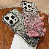 YICKYUE 3D Bling Glitter Butterfly Quicksand Gradient Phone Case For iPhone 16 15 14 13 12 11 Pro Max 16 Plus Plating Shockproof Cover