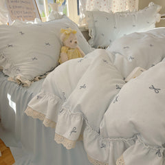 YICKYUE - Princess Lace Bedding Set - Korean Style 4PC Double-Layer Gauze with Floral Embroidery