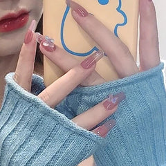 24pcs Long Ballerina False Nails Detachable Finger Nail Butterfly Pearl False Nail Design Wearable Fake Nails