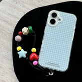 YICKYUE - Simplicity Blue Grid Pattern Geometric Decoration Pendant Phone Cover Case for iPhone 16 15 14 13 12 Pro Max