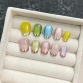 YICKYUE - 10pcs Handmade Fake Nails Colorful Cat Eye With French Design False Nail For Women Manicure Nail Decoration Korean Press On Nail