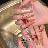 YICKYUE - 24pcs Long Almond Press on Nails Red Rose Crystal Decor False Nails Wearable Sweet Girl Korean Style Fake Nails for Women Lady