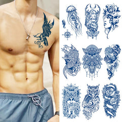 Yickyue Semi-Permanent Waterproof Tattoo Sticker Long Lasting Juice Blue Fake Tattoo Fashion Body Art Water Transfer Temporary Tattoos