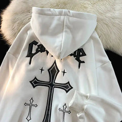 Hearujoy 90s Streetwear Oversized Retro Cross Letter Printing Sweatshirts Women Loose Casual Hoodies Couple Grunge Punk Pullover Jackets Y2k Clothes