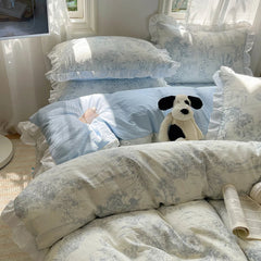 YICKYUE - Blue Floral Ruffle Duvet Cover Set Queen Flower Leaf Comforter Covers 4Pcs Soft Luxury Pastoral Garden Washed Cotton Bedding Set