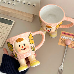 YICKYUE - Korean Cute Cartoon Style High Temperature Firing Ceramics Coffee Mug With Handle Underglaze Handmade Painting Afternoon Tea