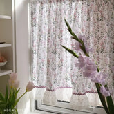 YICKYUE - Romance Printed Short Curtain with Embroidery White Ruffled Light Purple Plant Flower Patten Cotton Kitchen Curtains Home Decor