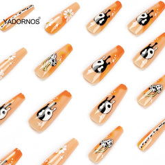 Nails Set Press On Long 24Pcs Glossy Orange False Nails Cherry Pattern Design Nail Tips Wearable Full Cover Free Shipping