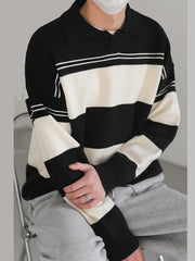 Hearujoy Men's Preppy Striped Knit Shirt - Casual Long Sleeve, Loose Fit for Spring/Fall