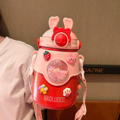 850 ML Cute Cartoon Big Belly Cup Stainless Steel Portable Strap Large Capacity Kids Thermos Water Bottle With Straw For Girls