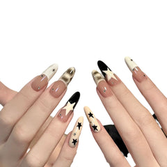 YICKYUE - 10pcs Handmade Star Long French False Nails Press on Nails Fake Nials Reusable Wearable Nail Tips Artificial False Nails