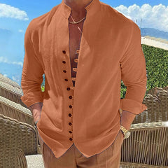 Hearujoy Vintage Mens 100% Cotton Linen Shirts Long-Sleeved Stand Collar Casual Tops Spring Summer Fashion Men Clothing Retro Shirt