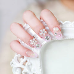 24Pcs/set Rhinestone False Nail Tips Bride Press On Fake Nail Glitter Manicure Flash Chip Back Glue pre design acrylic nail tips