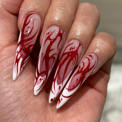 YICKYUE - 24pcs White French Fake Nails Gradient Red Long Pointed False Nail Patches Full Cover Wearable Fake Nail Tips Halloween Manicure