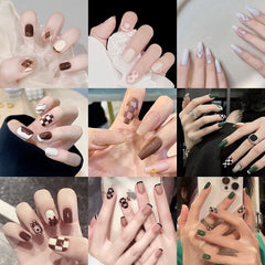 24Pcs Coffee Color Grids Rhombus Designs False Nail Full Cover Short Coffin Fake Nails with Glue Detachable Wearable Manicure