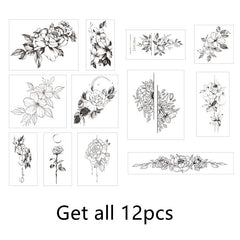 YICKYUE - 12pcs Plain Flower Tattoo Stickers Waterproof Female Long-lasting Dark Black Clavicle Sexy Arm Tattoo Large Pattern Temp