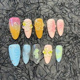 YICKYUE - 10pcs Handmade Press on Nails 3D Resin Flowers Almond False Nails Detachable Wearable Colorful Sweet Cool Y2K Fake Nail Patches